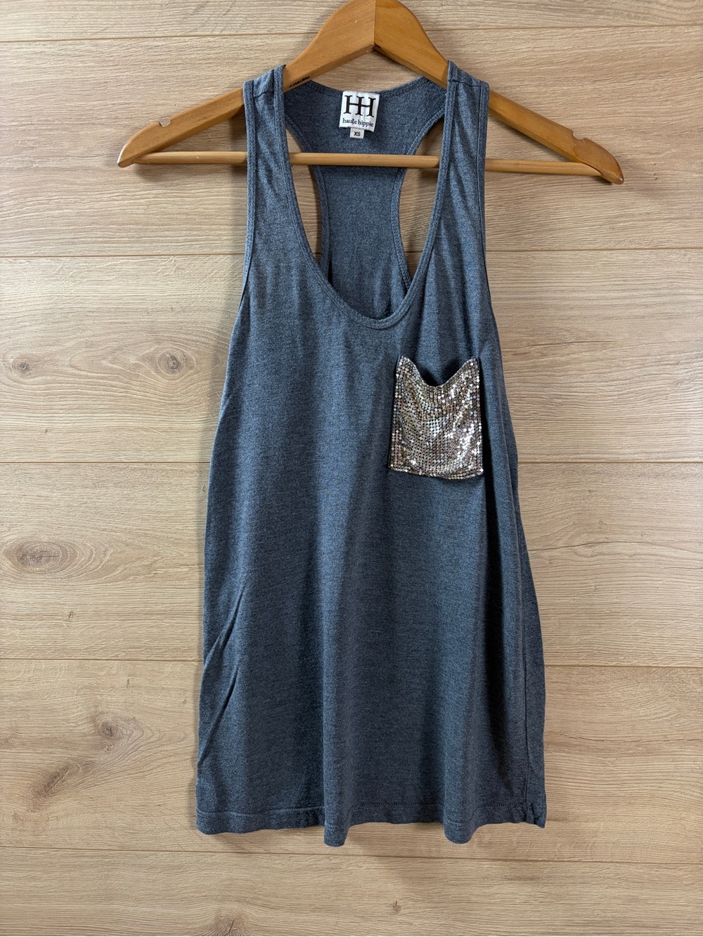 Haute Hippie Charcoal Modal Racerback Tank with Chainmail Pocket XS